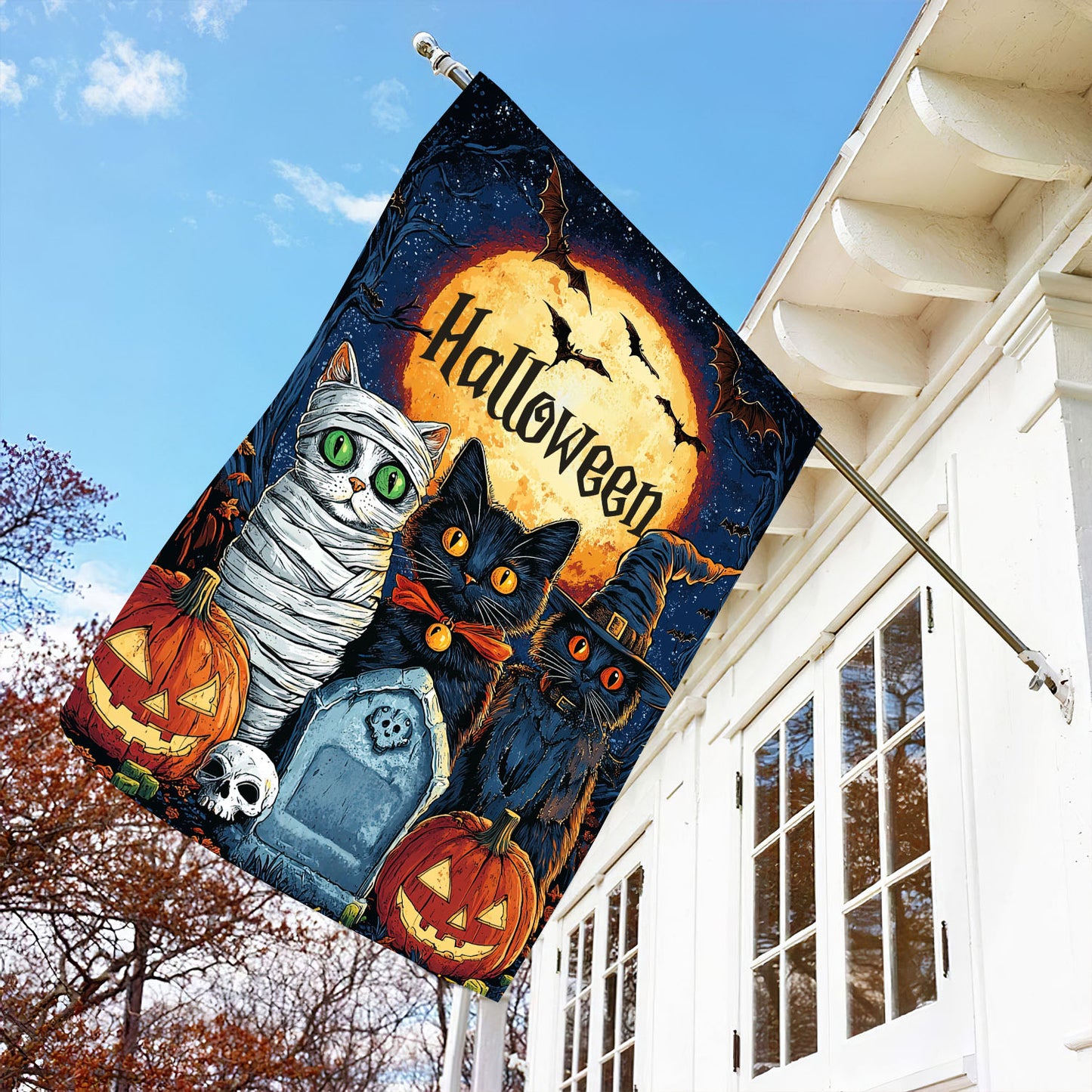 Halloween Cat Garden Flag House Flag, Meow-loween Trio Yard Flag Spooky Season Gift For Cat Lovers