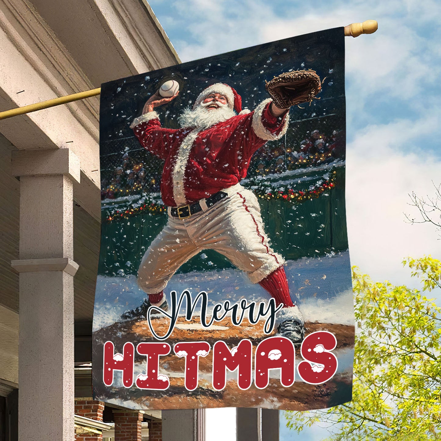 Christmas Santa Claus Playing Baseball Garden Flag & House Flag, Merry Hitmas, Welcome Outdoor Decor, Xmas Yard Decor Gift For Baseball Lovers