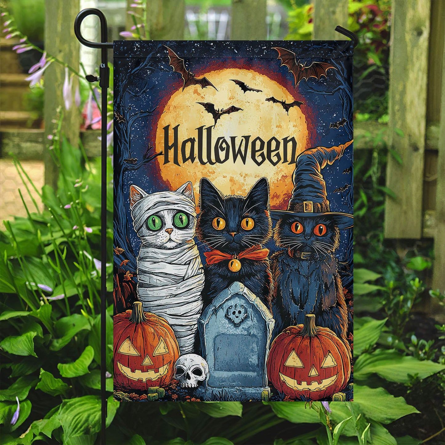 Halloween Cat Garden Flag House Flag, Meow-loween Trio Yard Flag Spooky Season Gift For Cat Lovers
