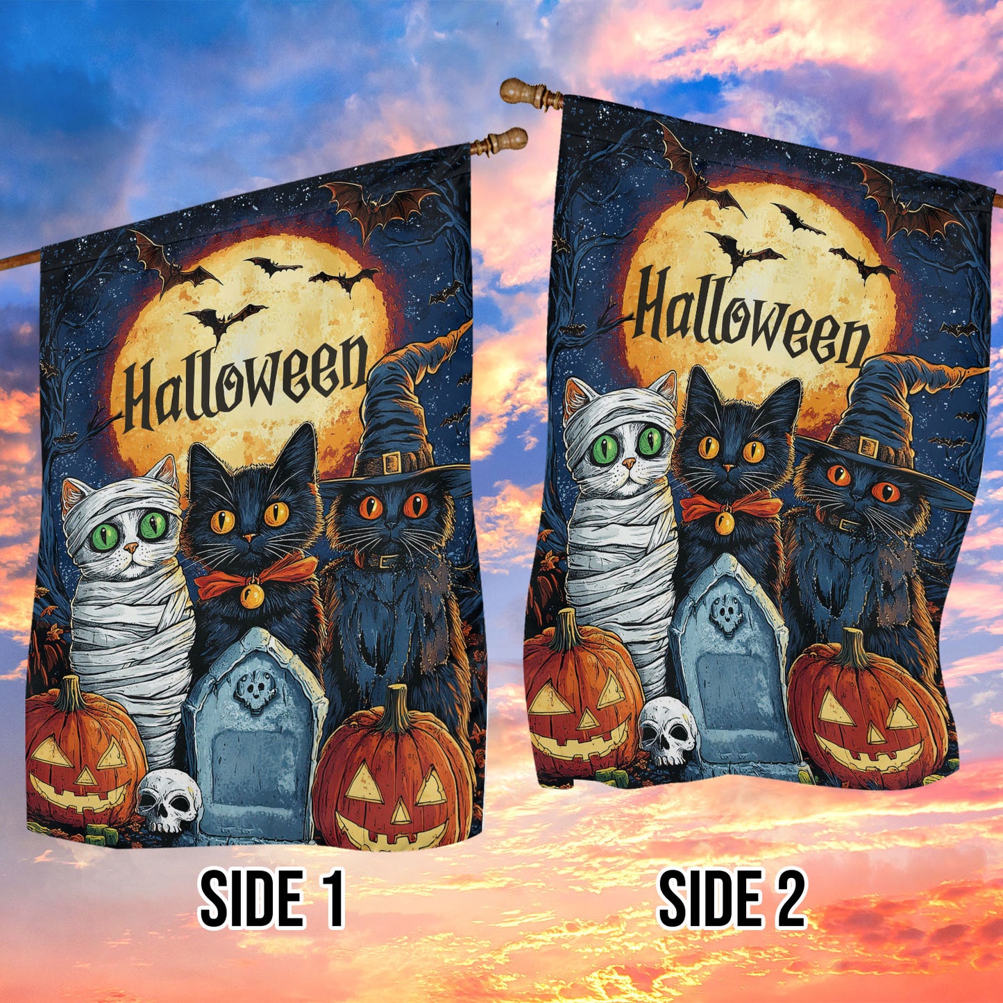 Halloween Cat Garden Flag House Flag, Meow-loween Trio Yard Flag Spooky Season Gift For Cat Lovers