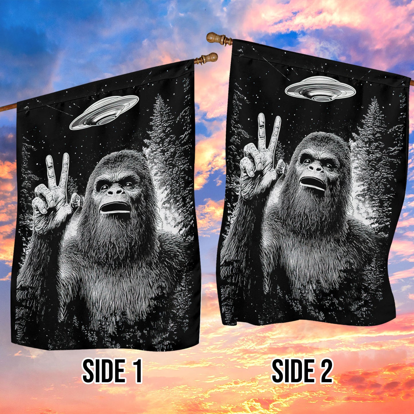 Funny Halloween Bigfoot UFO Garden Flag House Flag, Bigfoot Peace Sign Yard Flag, Spooky Season Gift For Bigfoot Lovers