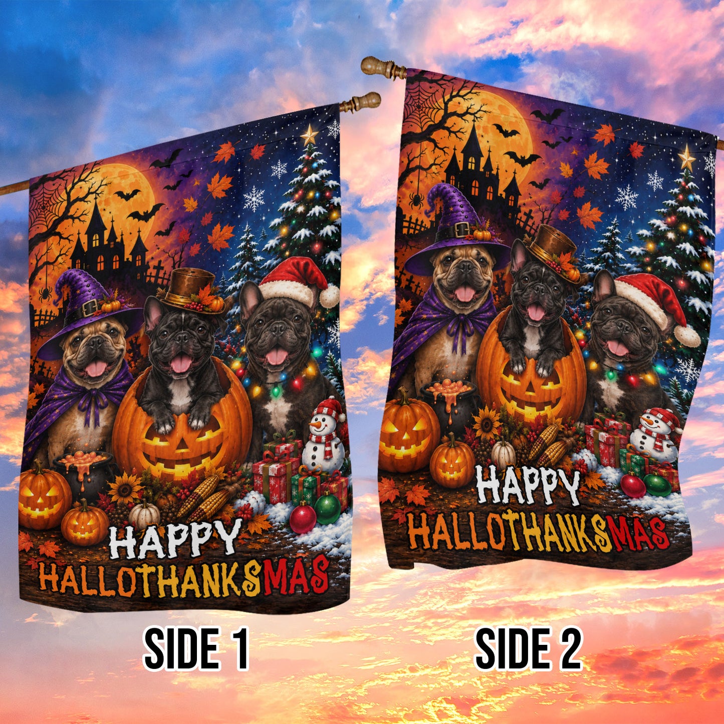 Funny Halloween Thanksgiving Christmas French bulldog Dog Garden & House Flag, Happy HalloThanksMas Yard Flag, 3 Seasons In 1 Flag Gift For Dog Lover