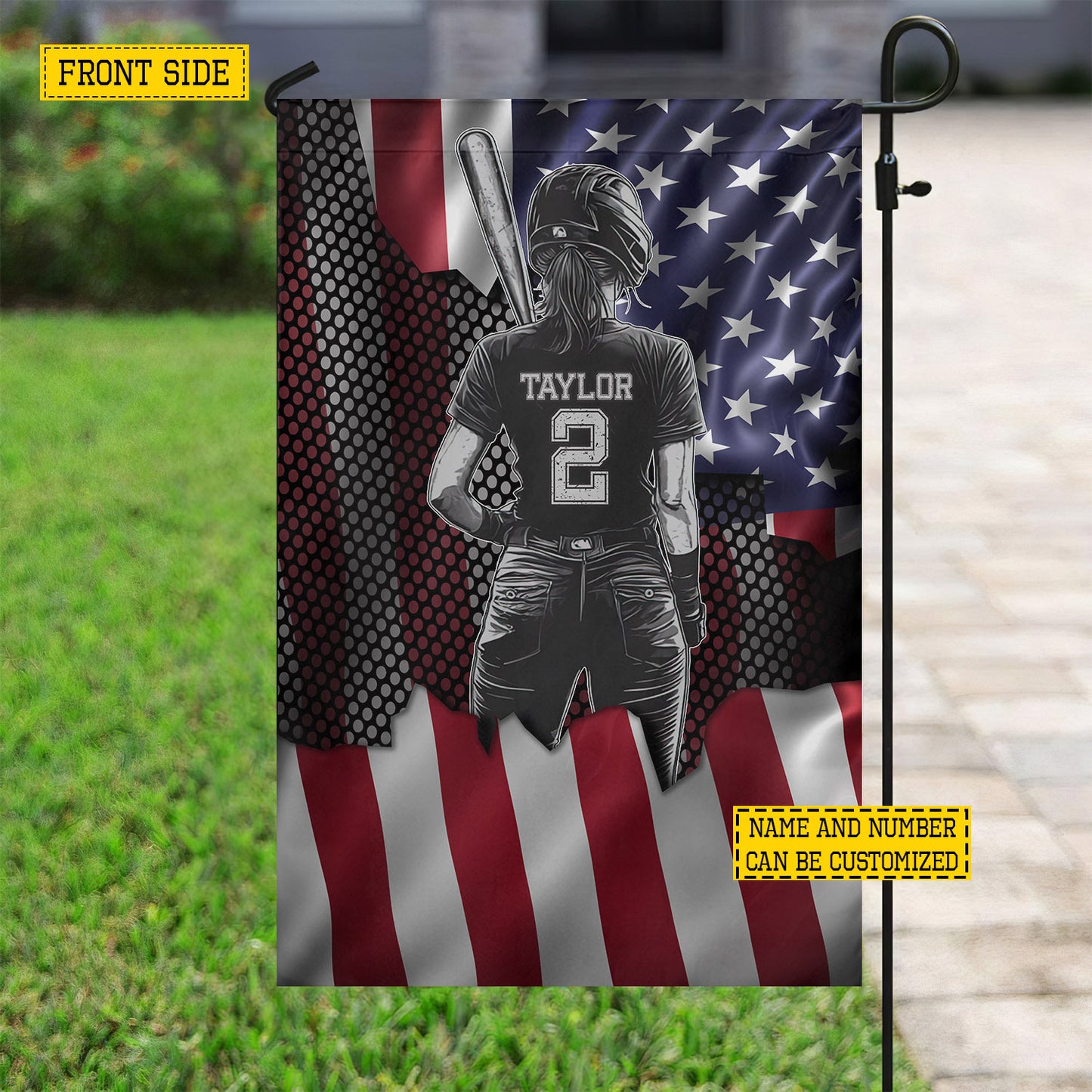 Personalized July 4th Softball Girl USA Garden Flag & House Flag, Patriotic Softball Outdoor Decor, Independence Day Yard Flag Gift For Softball Lover
