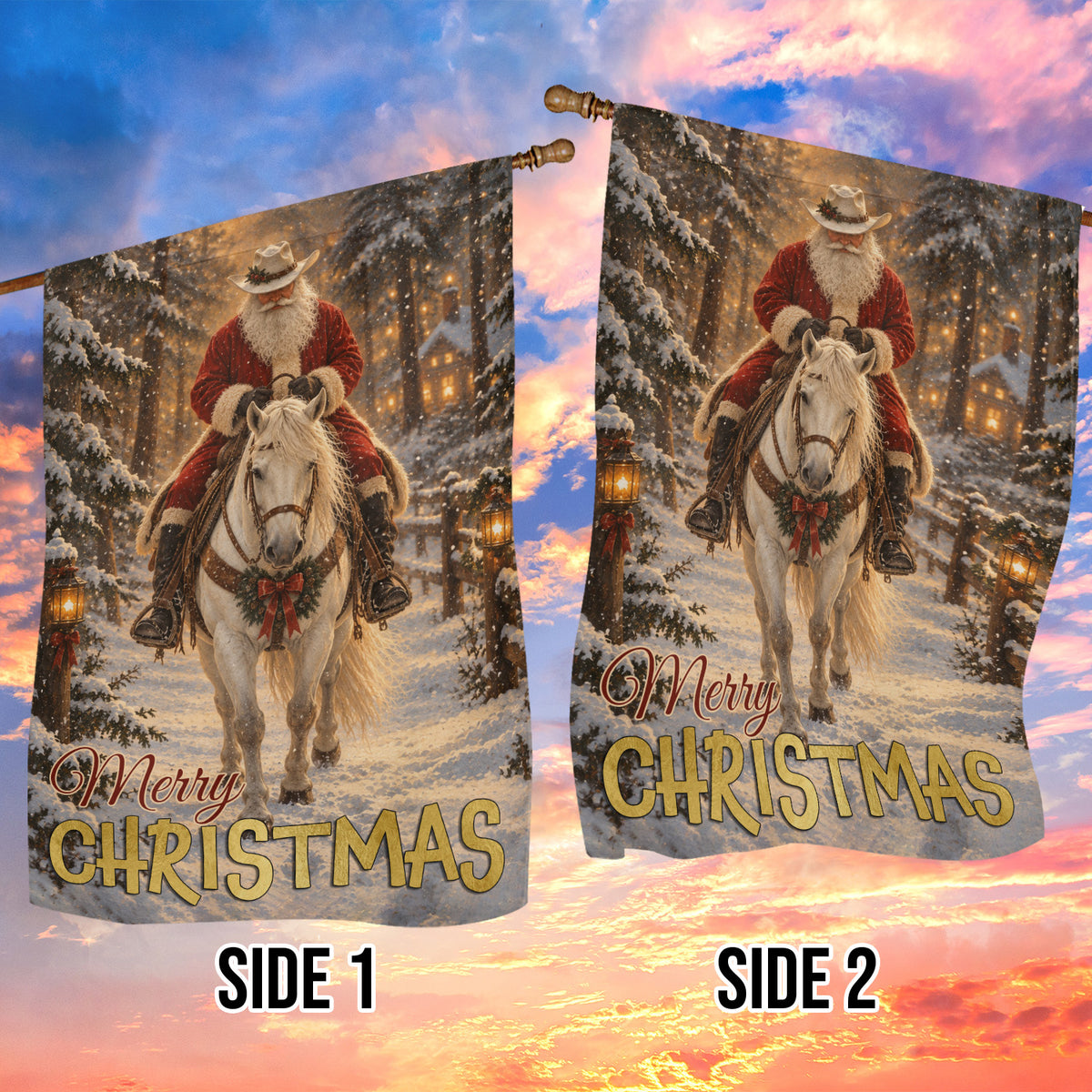 Merry Christmas Cowboy Santa Claus Garden & House Flag, Christmas On Horseback Yard Flag, Vintage Xmas Gift For Cowboys