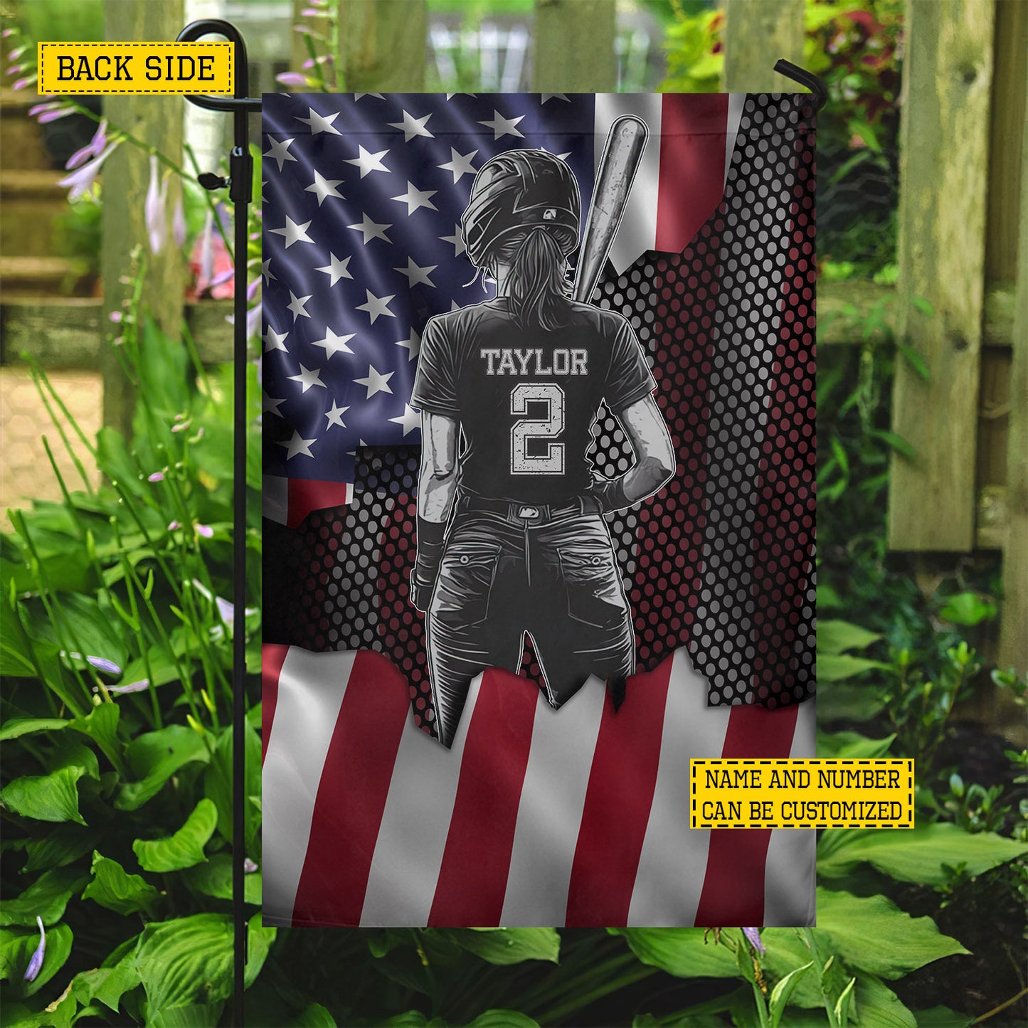 Personalized July 4th Softball Girl USA Garden Flag & House Flag, Patriotic Softball Outdoor Decor, Independence Day Yard Flag Gift For Softball Lover