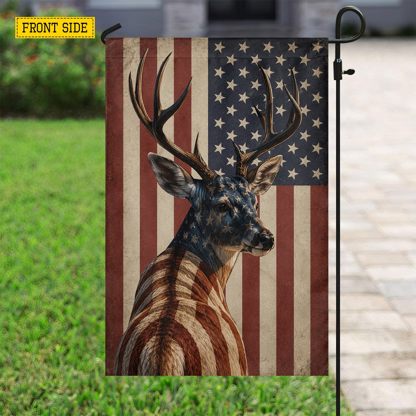 July 4th Deer Hunting USA Garden Flag & House Flag, Spirit Of The Wild American Buck Outdoor Decor, Independence Day Yard Flag Gift For Deer Hunting Lover