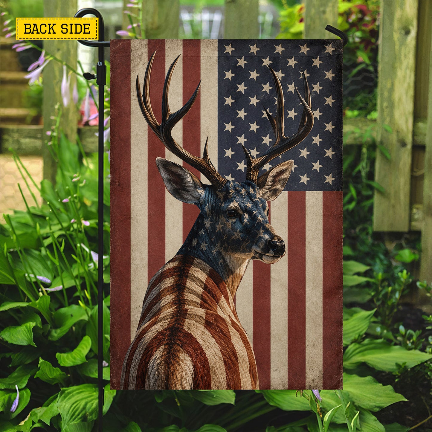 July 4th Deer Hunting USA Garden Flag & House Flag, Spirit Of The Wild American Buck Outdoor Decor, Independence Day Yard Flag Gift For Deer Hunting Lover