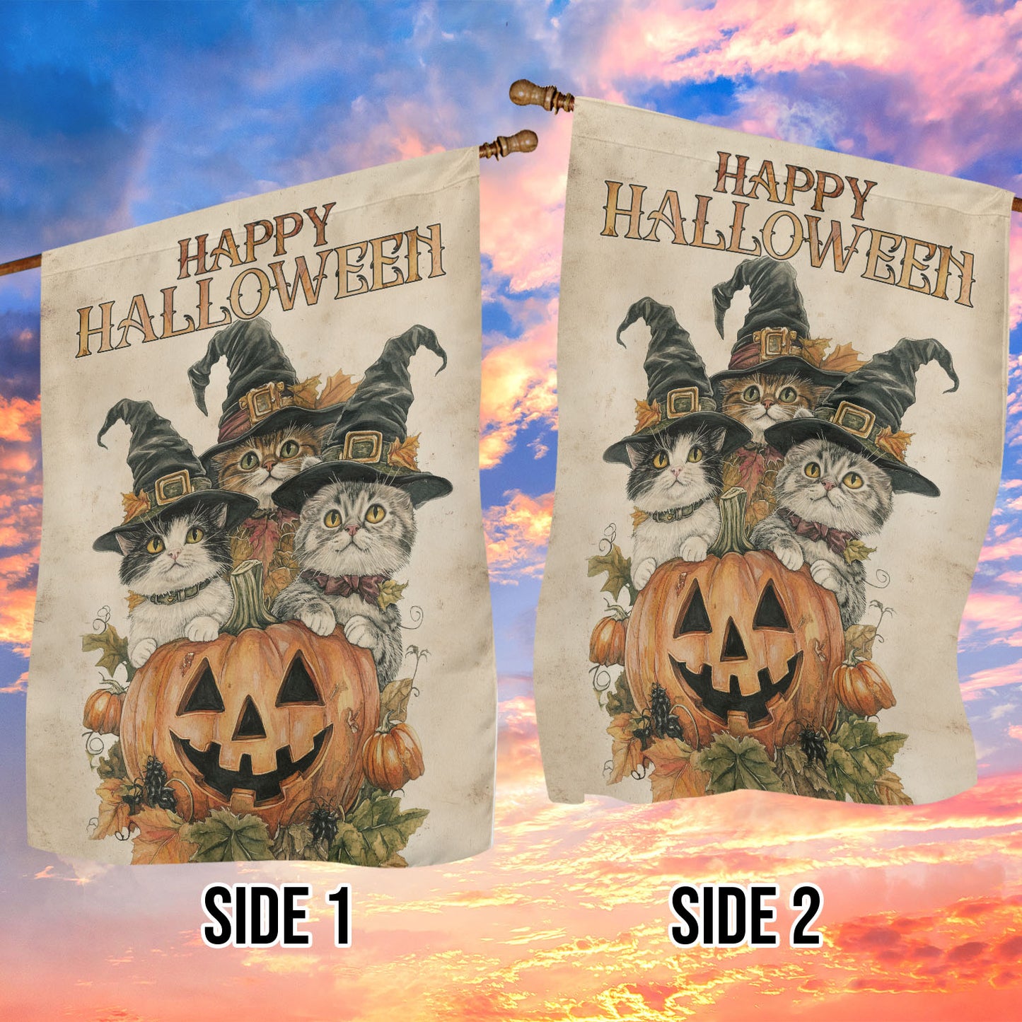 Halloween Cat Garden Flag House Flag, Happy Halloween Trio Yard Flag Spooky Season Gift For Cat Lovers