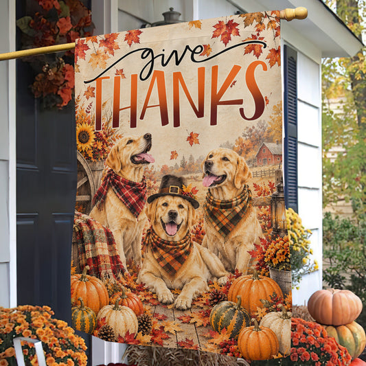 Vintage Thanksgiving Labrador Retriever Dog Garden & House Flag, Give Thanks Outdoor Decor, Fall Season Yard Decor Gift For Dog Lover