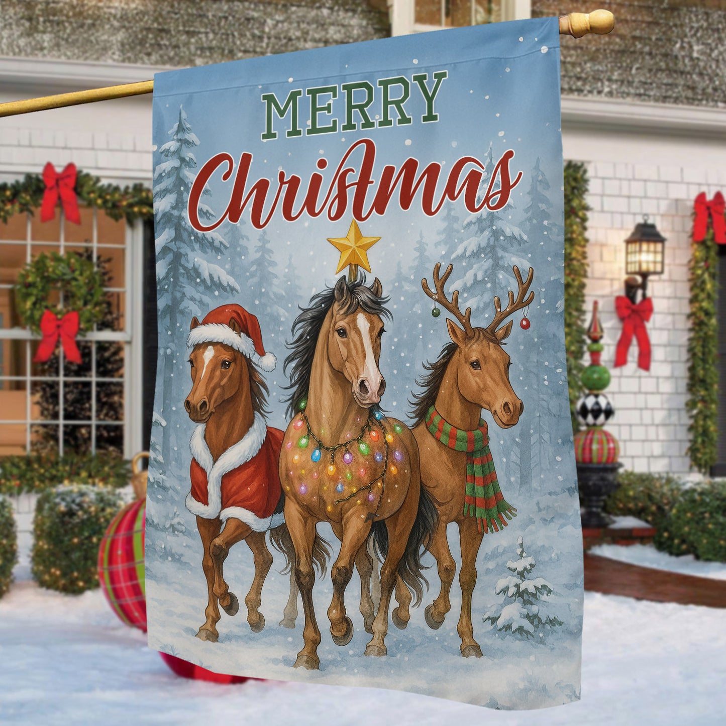 Christmas Horse Garden & House Flag, Merry Christmas Yard Flag, Xmas Gift For Horse Lovers