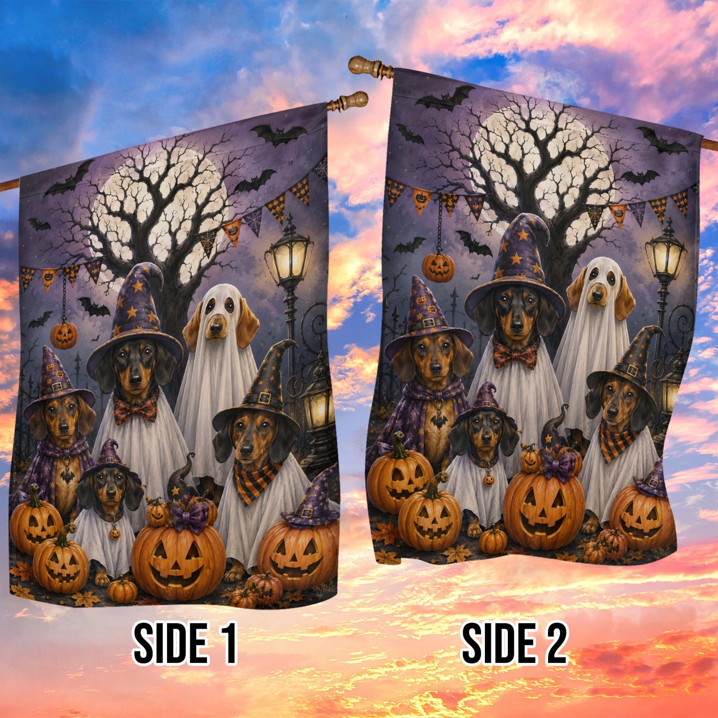 Halloween Dachshund Dog Garden & House Flag, Cute Ghost Dog Witch Pumpkin Yard Flag, Spooky Season Gift For Dog Lover