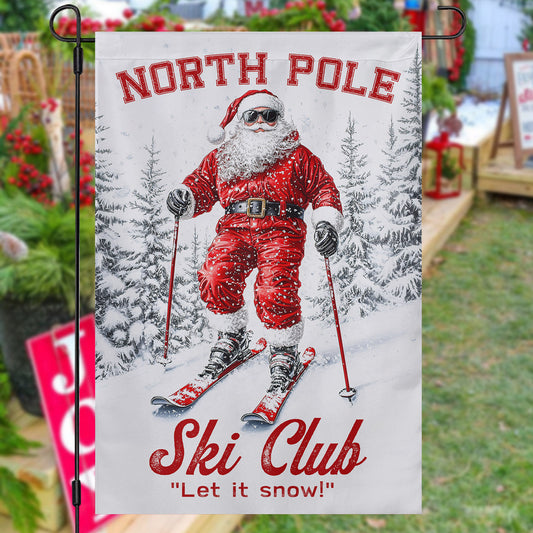 Christmas Skiing Garden & House Flag, North Pole Ski Club Yard Flag, Xmas Gift For Skiing Lovers