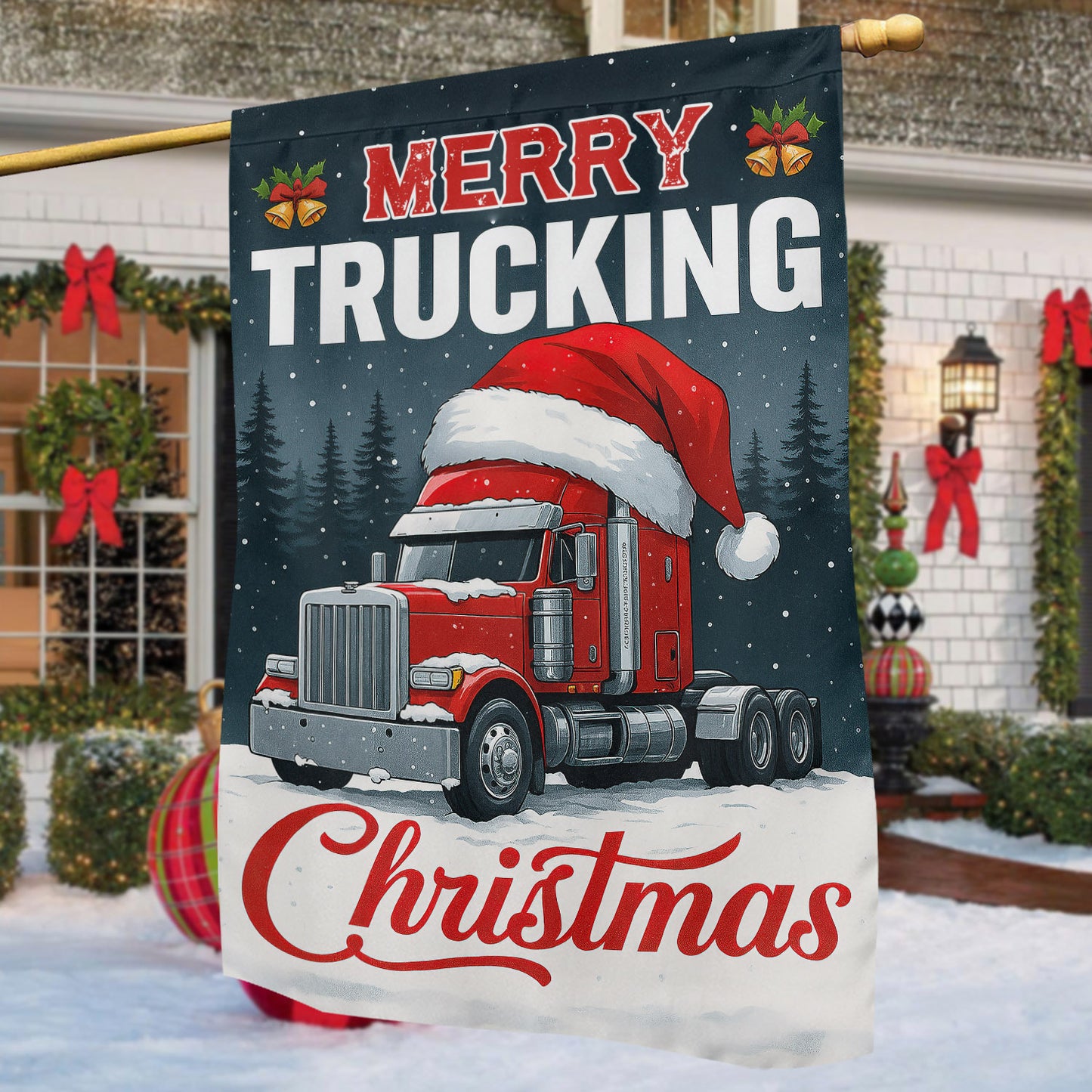 Christmas Trucker Garden & House Flag, Merry Trucking Christmas Yard Flag, Xmas Gift For Trucker, Truck Driver