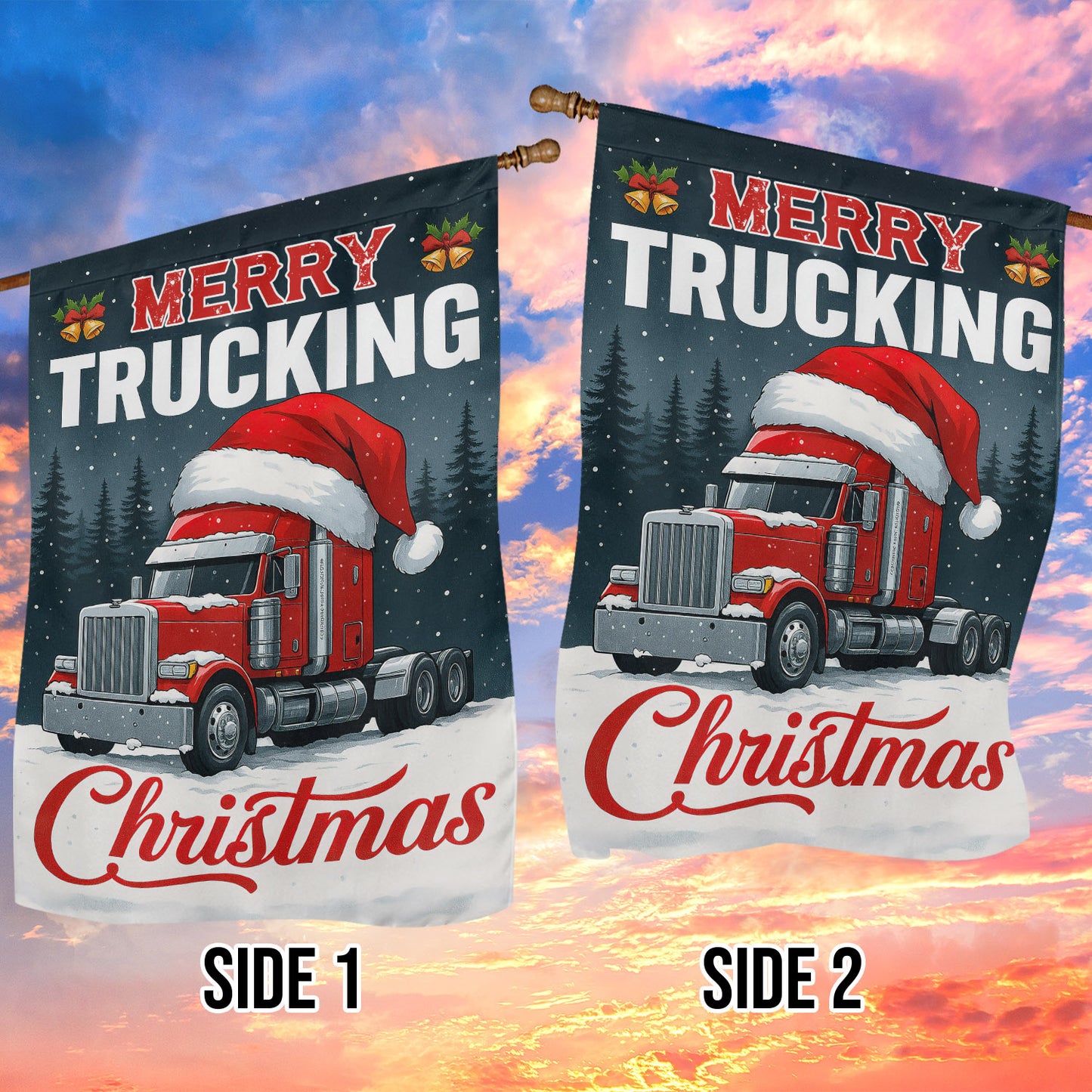 Christmas Trucker Garden & House Flag, Merry Trucking Christmas Yard Flag, Xmas Gift For Trucker, Truck Driver