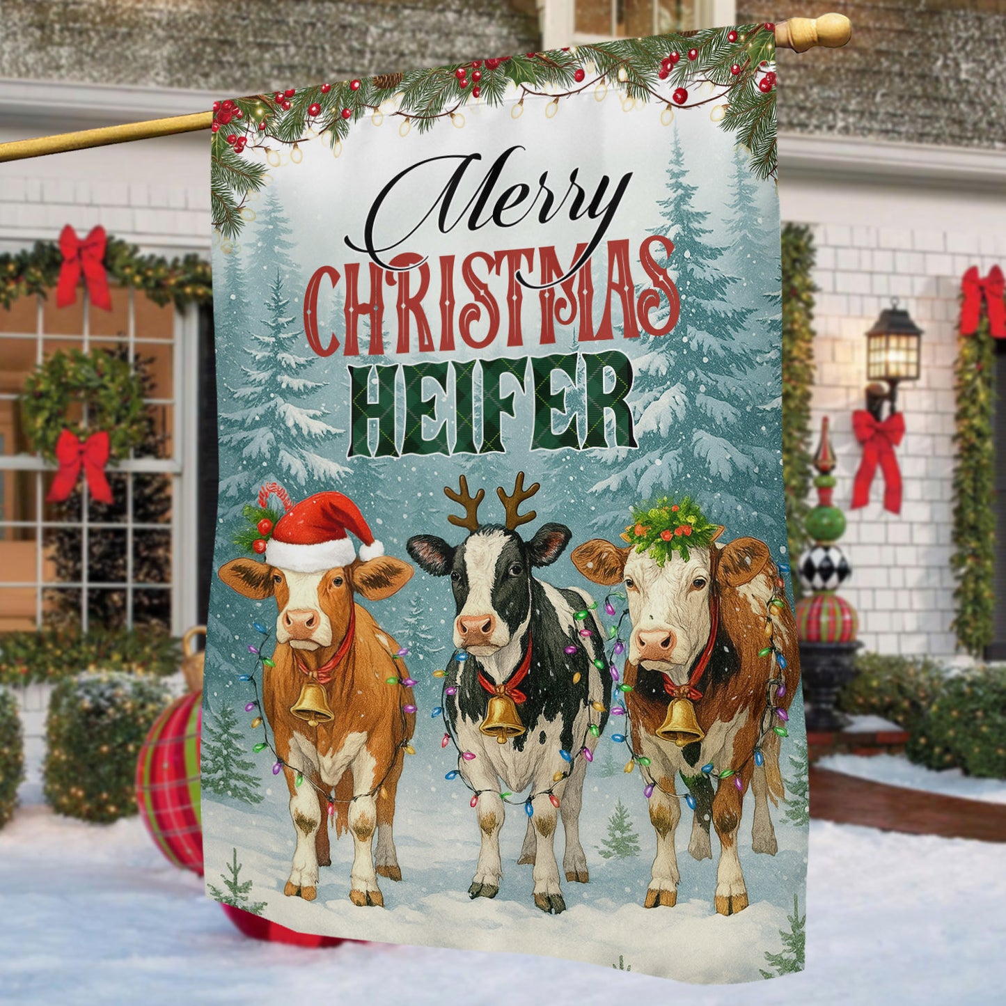 Funny Christmas Cow Farm Garden & House Flag, Merry Christmas Heifer Yard Flag, Xmas Gift For Cow Lovers