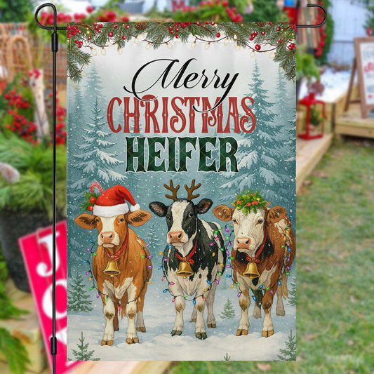 Funny Christmas Cow Farm Garden & House Flag, Merry Christmas Heifer Yard Flag, Xmas Gift For Cow Lovers