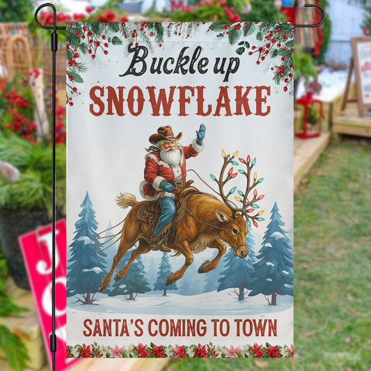 Funny Christmas Cowboy Rodeo Garden & House Flag, Buckle Up Snowflake Yard Flag, Xmas Gift For Cowboys
