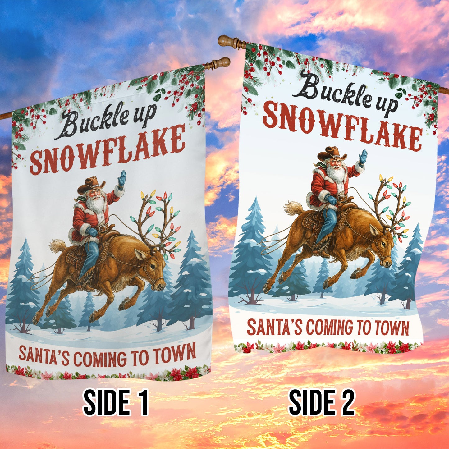 Funny Christmas Cowboy Rodeo Garden & House Flag, Buckle Up Snowflake Yard Flag, Xmas Gift For Cowboys