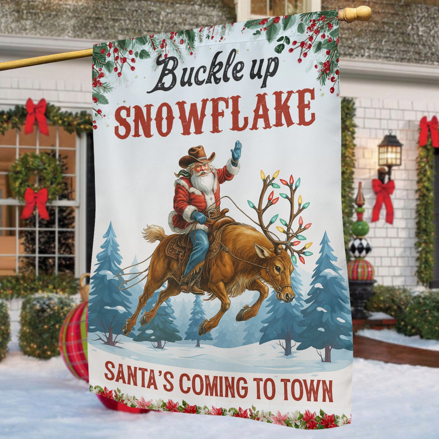 Funny Christmas Cowboy Rodeo Garden & House Flag, Buckle Up Snowflake Yard Flag, Xmas Gift For Cowboys