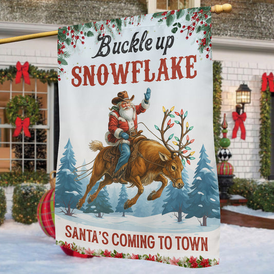 Funny Christmas Cowboy Rodeo Garden & House Flag, Buckle Up Snowflake Yard Flag, Xmas Gift For Cowboys