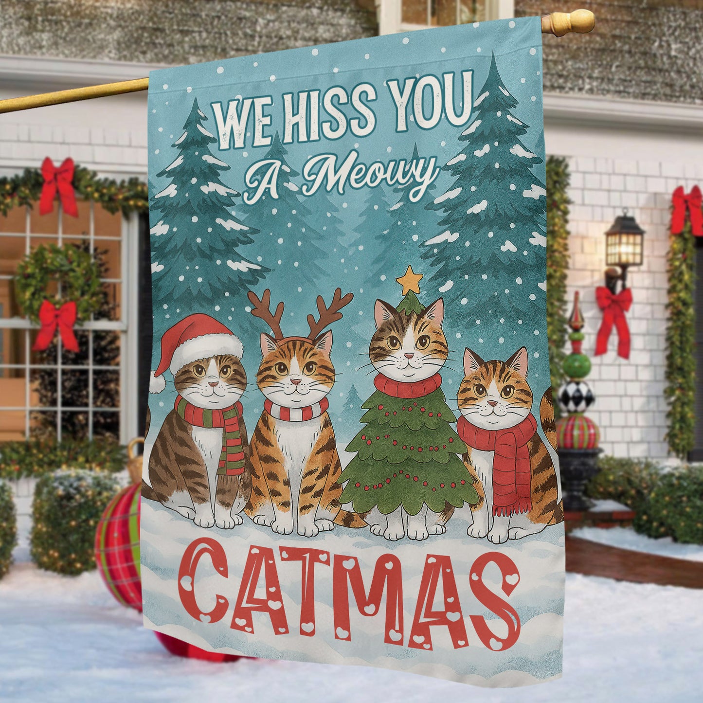 Christmas Cat Garden & House Flag, We Hiss You A Meowy Catmas Yard Flag, Xmas Gift For Cat Lovers