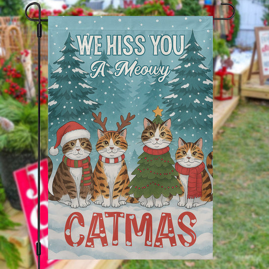 Christmas Cat Garden & House Flag, We Hiss You A Meowy Catmas Yard Flag, Xmas Gift For Cat Lovers