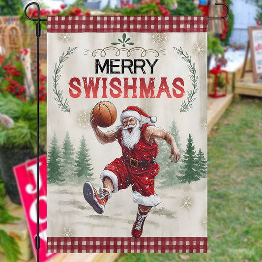 Christmas Basketball Garden & House Flag, Santa Claus Merry Swishmas Yard Flag, Xmas Gift For Basketball Lovers