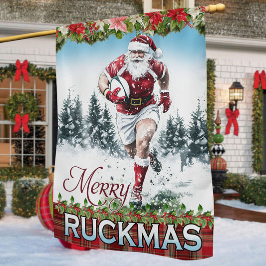 Christmas Rugby Garden & House Flag, Santa Claus Merry Ruckmas Yard Flag, Xmas Gift For Rugby Lovers