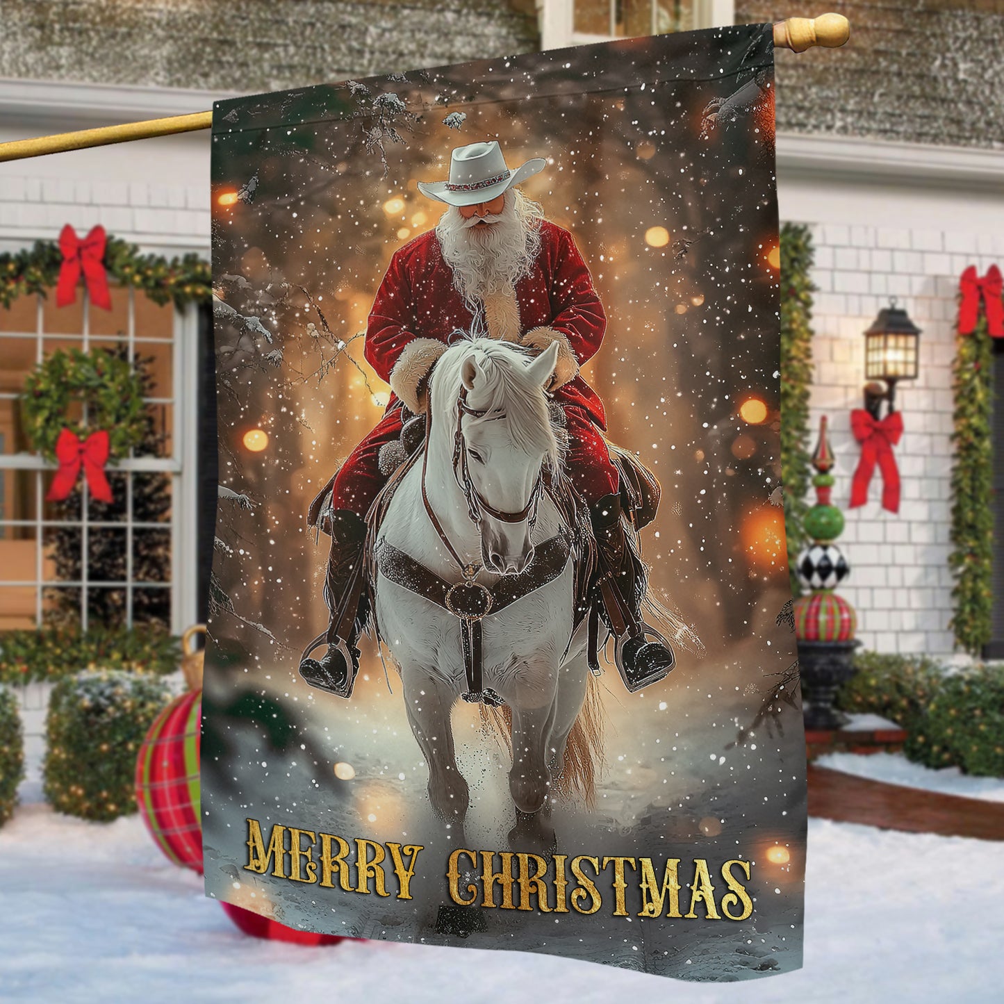 Christmas Cowboy Garden Flag & House Flag, Merry Christmas, Welcome Outdoor Decor, Xmas Yard Decor Gift For Horse Lovers