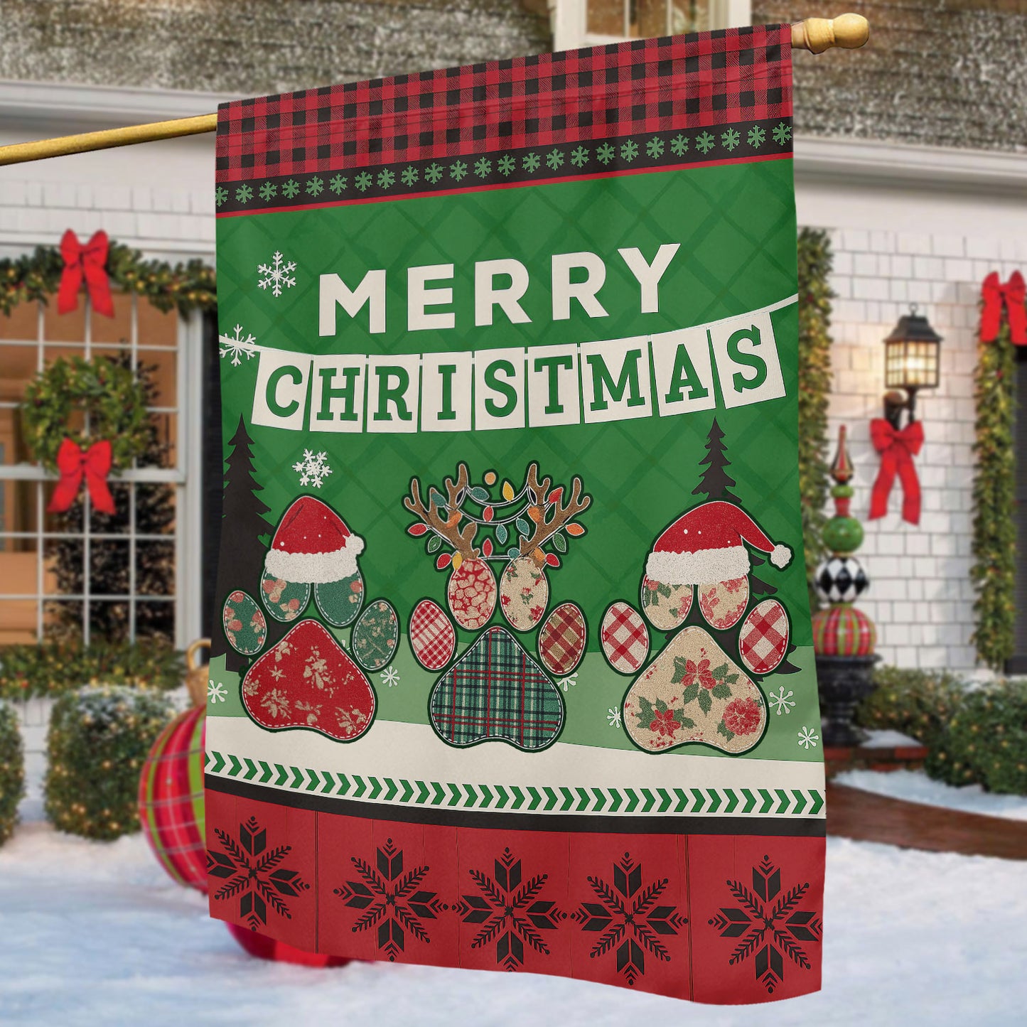 Christmas Dog Paws Garden & House Flag, Merry Christmas Yard Flag, Xmas Gift For Dog Lovers