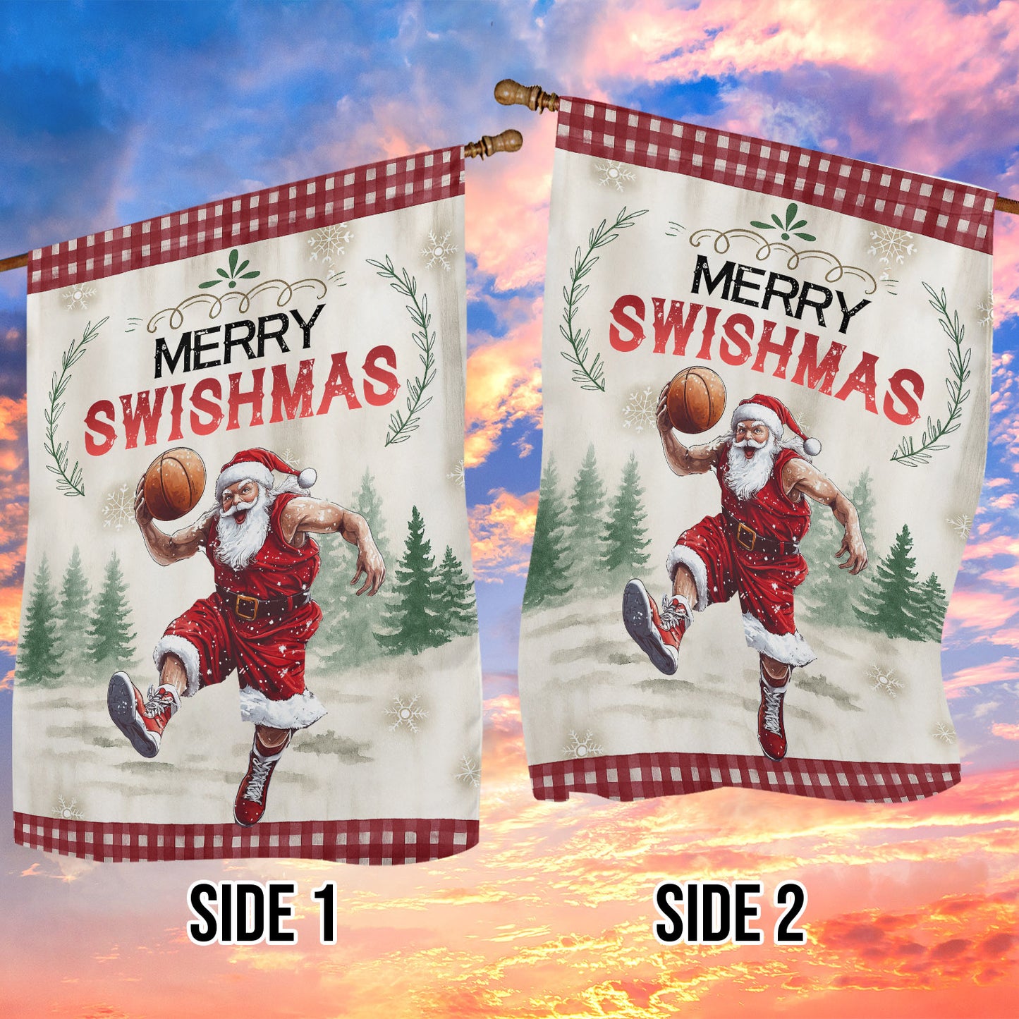 Christmas Basketball Garden & House Flag, Santa Claus Merry Swishmas Yard Flag, Xmas Gift For Basketball Lovers
