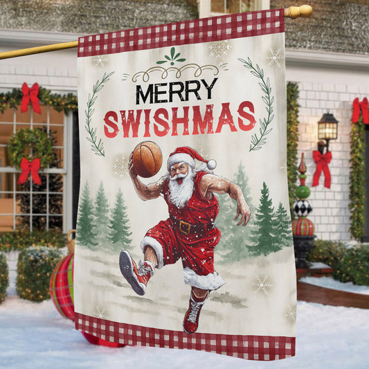Christmas Basketball Garden & House Flag, Santa Claus Merry Swishmas Yard Flag, Xmas Gift For Basketball Lovers