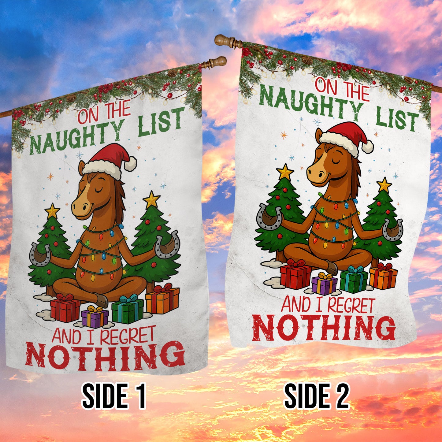 Funny Christmas Horse Garden & House Flag, On The Naughty List Yard Flag, Xmas Gift For Horse Lovers