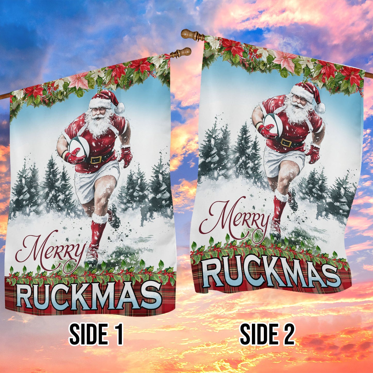 Christmas Rugby Garden & House Flag, Santa Claus Merry Ruckmas Yard Flag, Xmas Gift For Rugby Lovers