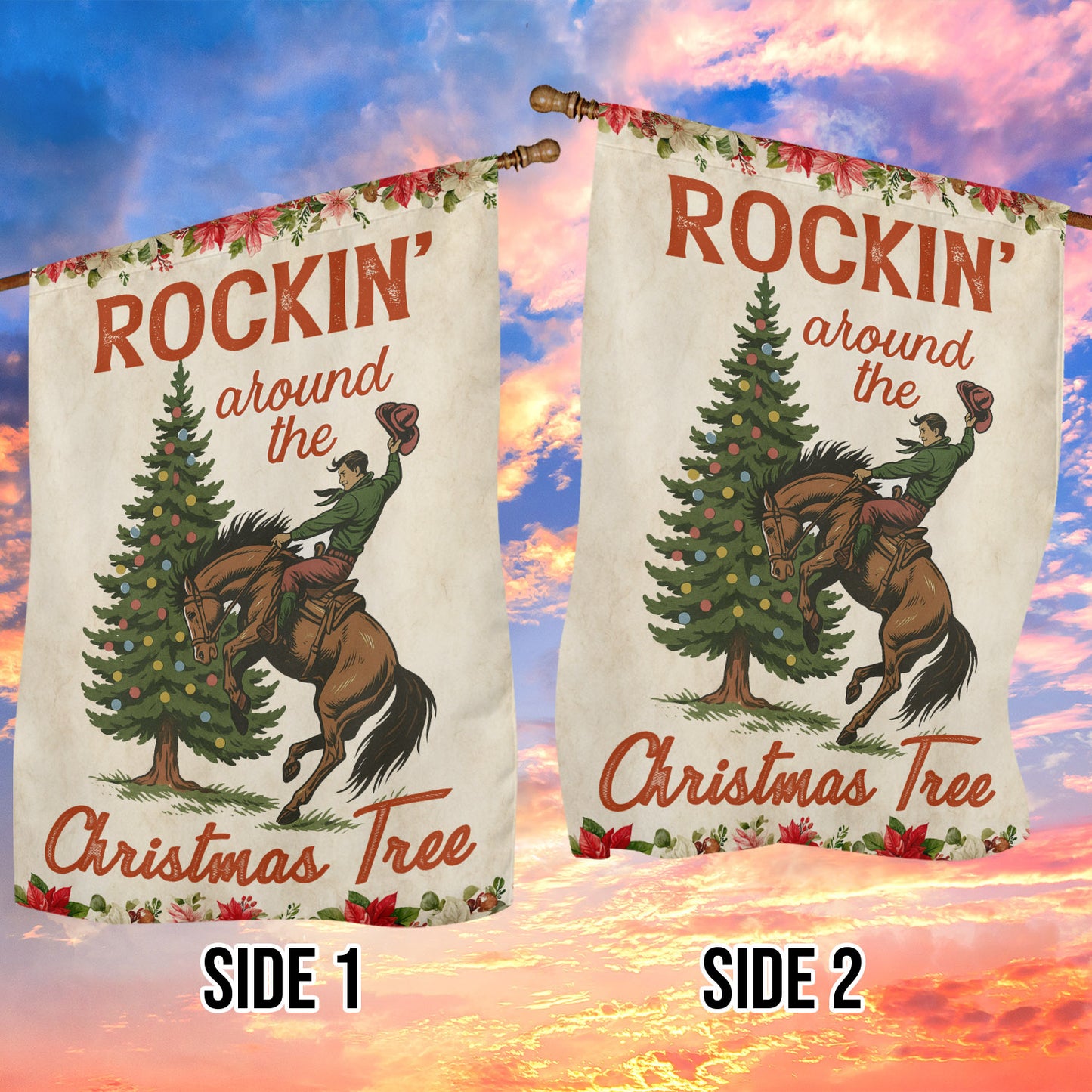 Funny Christmas Cowboy Rodeo Garden & House Flag, Rockin' Around The Christmas Tree Yard Flag, Xmas Gift For Cowboys