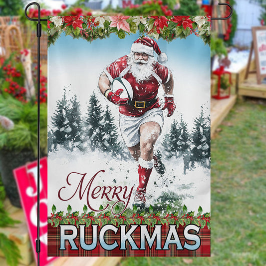 Christmas Rugby Garden & House Flag, Santa Claus Merry Ruckmas Yard Flag, Xmas Gift For Rugby Lovers