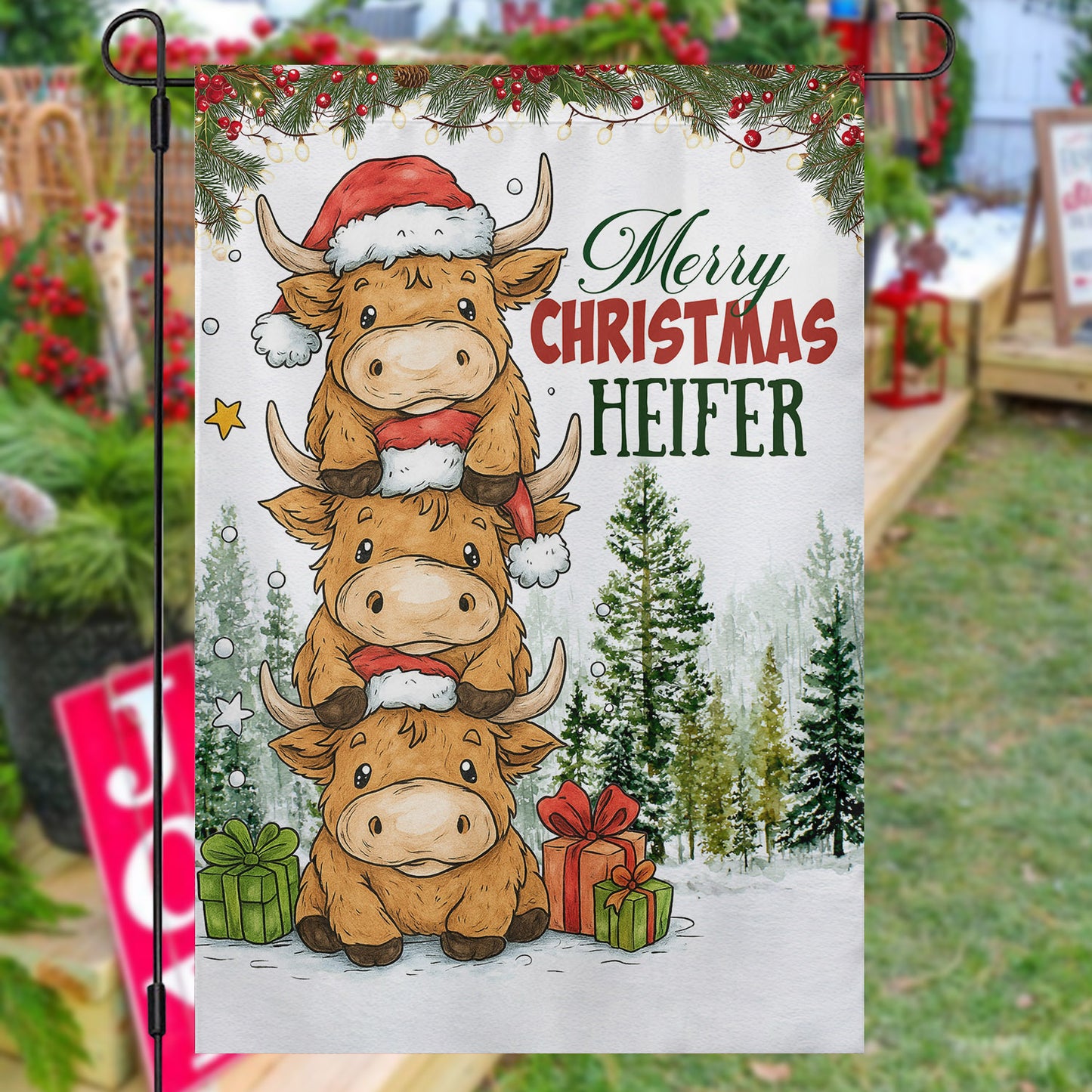Christmas Cow Farm Garden & House Flag, Merry Christmas Heifer Yard Flag, Xmas Gift For Cow Lovers
