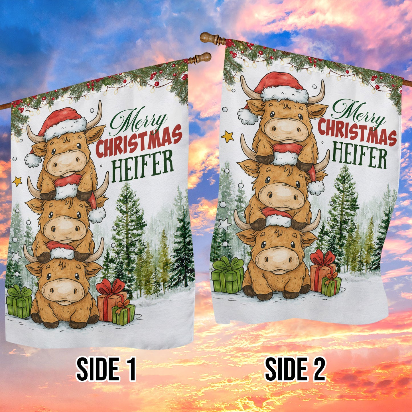 Christmas Cow Farm Garden & House Flag, Merry Christmas Heifer Yard Flag, Xmas Gift For Cow Lovers