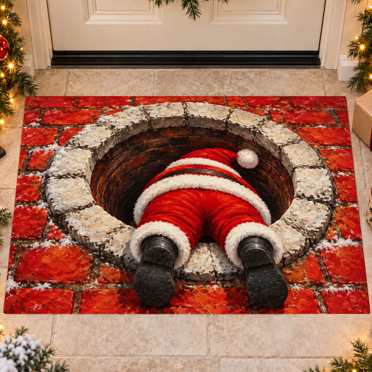 Funny Santa Christmas Doormat, Santa Stuck In Chimney 3D Illusion Doormat For Home Decor Housewarming Gift, Xmas Welcome Mat Gift