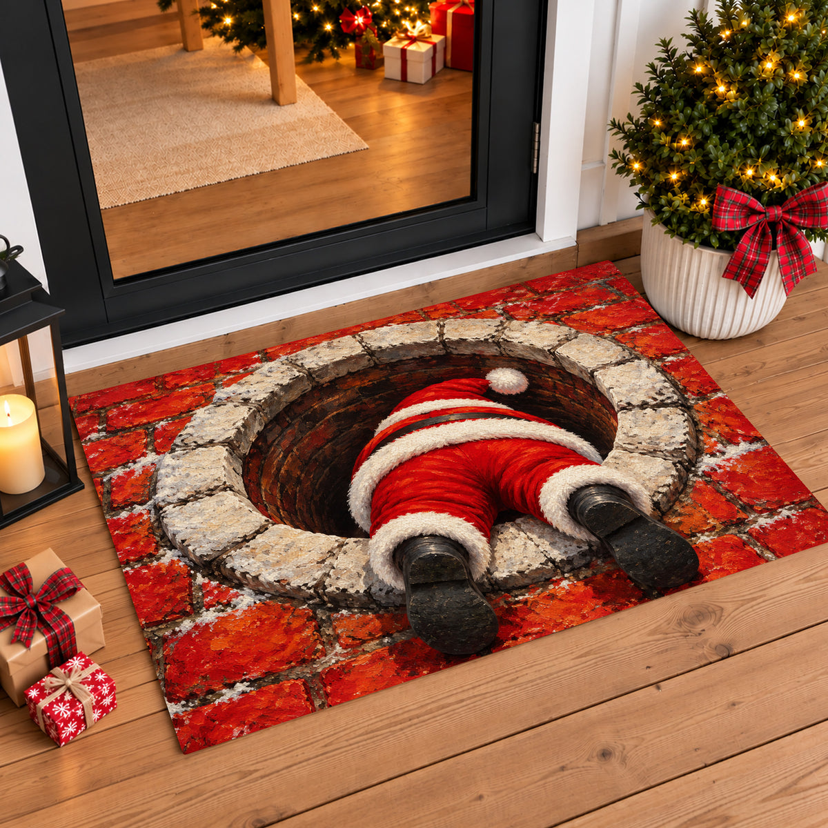 Funny Santa Christmas Doormat, Santa Stuck In Chimney 3D Illusion Doormat For Home Decor Housewarming Gift, Xmas Welcome Mat Gift