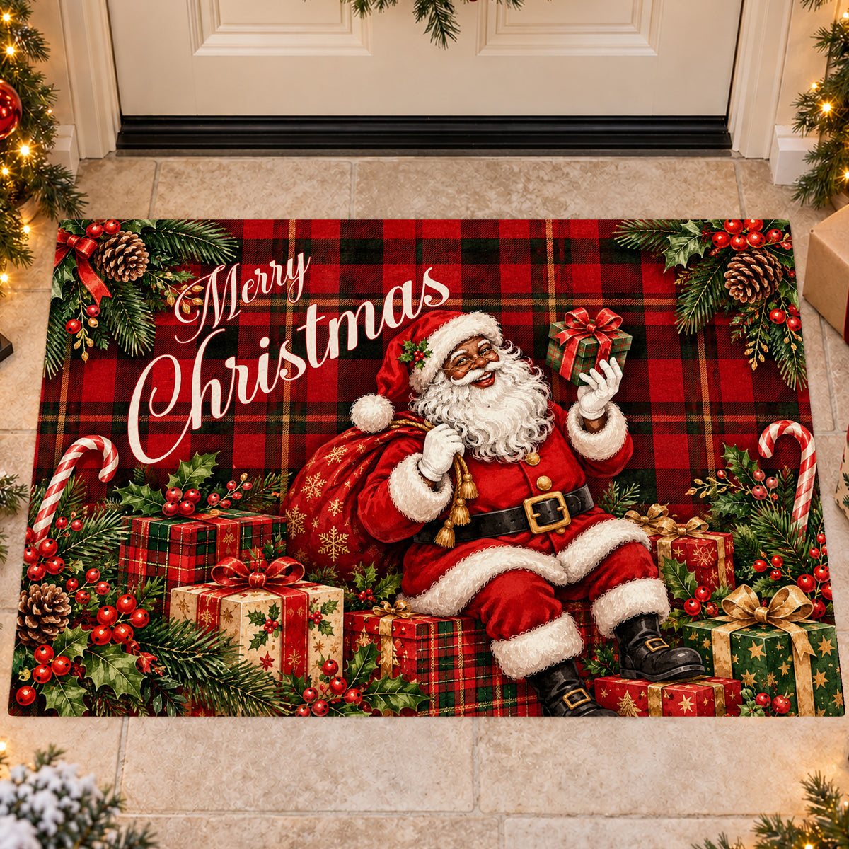 Merry Christmas Black Santa Doormat, A Merry Welcome From Santa Doormat For Home Decor Housewarming Gift, Xmas Welcome Mat Gift