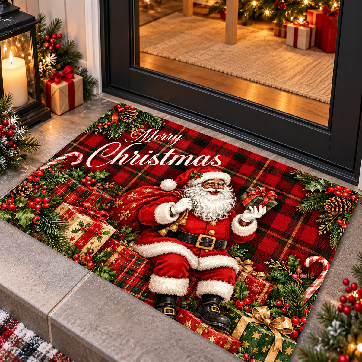 Merry Christmas Black Santa Doormat, A Merry Welcome From Santa Doormat For Home Decor Housewarming Gift, Xmas Welcome Mat Gift