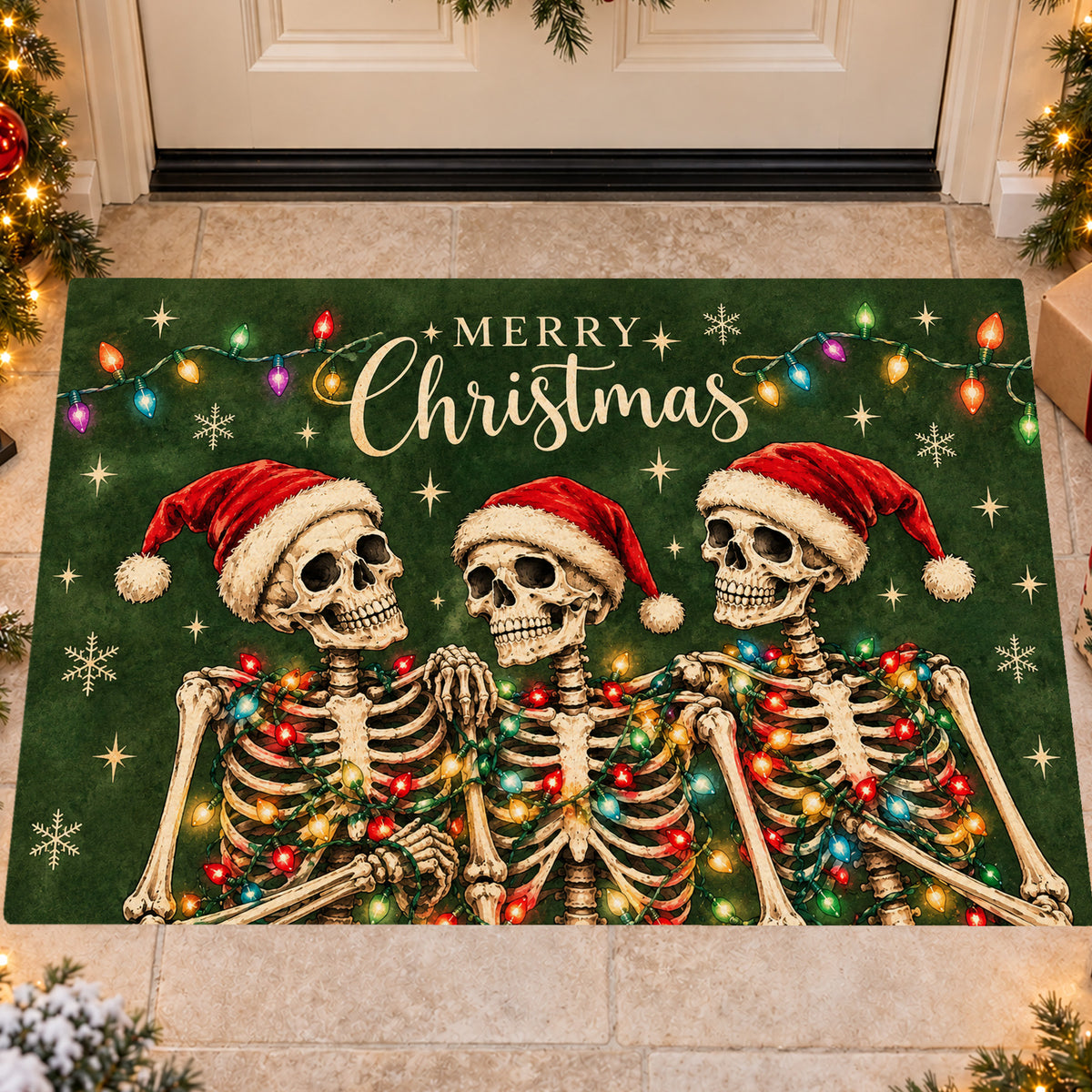 Merry Christmas Skeleton Doormat, Three Skeletons In Santa Hats Doormat For Home Decor Housewarming Gift, Xmas Welcome Mat Gift For Skeleton Lover