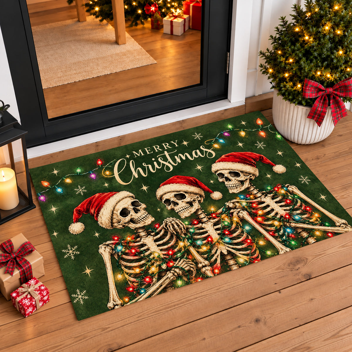 Merry Christmas Skeleton Doormat, Three Skeletons In Santa Hats Doormat For Home Decor Housewarming Gift, Xmas Welcome Mat Gift For Skeleton Lover