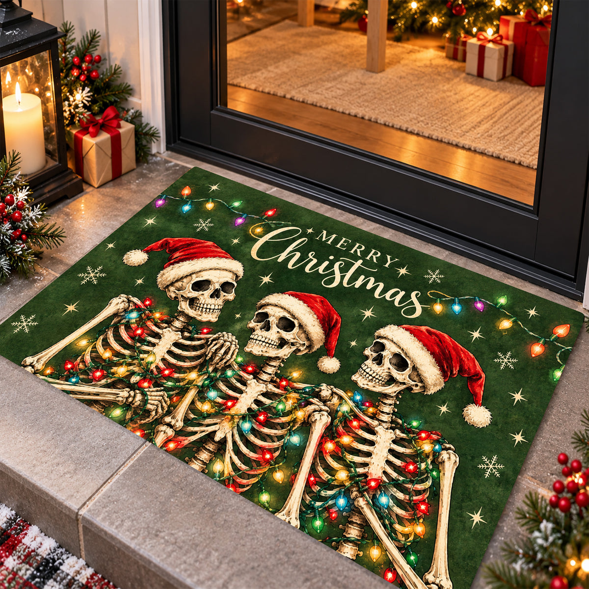 Merry Christmas Skeleton Doormat, Three Skeletons In Santa Hats Doormat For Home Decor Housewarming Gift, Xmas Welcome Mat Gift For Skeleton Lover