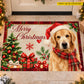 Personalized Merry Christmas Labrador Doormat, Pet With Santa Hat And Red Plaid Scarf Doormat For Home Decor Housewarming Gift, Xmas Welcome Mat Gift For Dog Lover