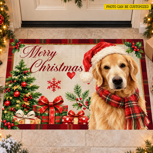 Personalized Merry Christmas Labrador Doormat, Pet With Santa Hat And Red Plaid Scarf Doormat For Home Decor Housewarming Gift, Xmas Welcome Mat Gift For Dog Lover