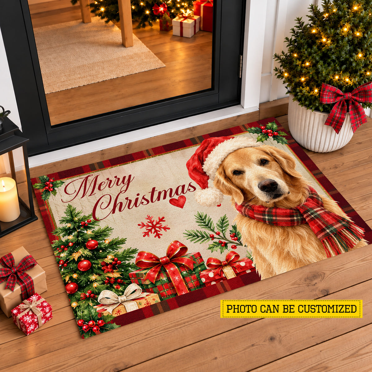 Personalized Merry Christmas Labrador Doormat, Pet With Santa Hat And Red Plaid Scarf Doormat For Home Decor Housewarming Gift, Xmas Welcome Mat Gift For Dog Lover