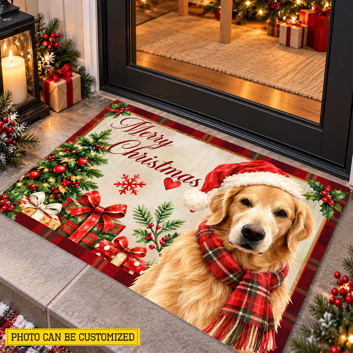 Personalized Merry Christmas Labrador Doormat, Pet With Santa Hat And Red Plaid Scarf Doormat For Home Decor Housewarming Gift, Xmas Welcome Mat Gift For Dog Lover