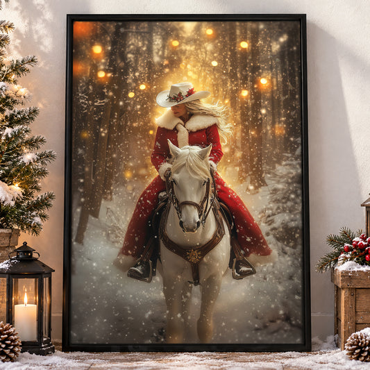 Cozy Christmas Cowgirl Canvas Painting, Midnight Ride In The Snow Winter Wall Art Decor, Xmas Poster Gift For Cowgirl Lovers